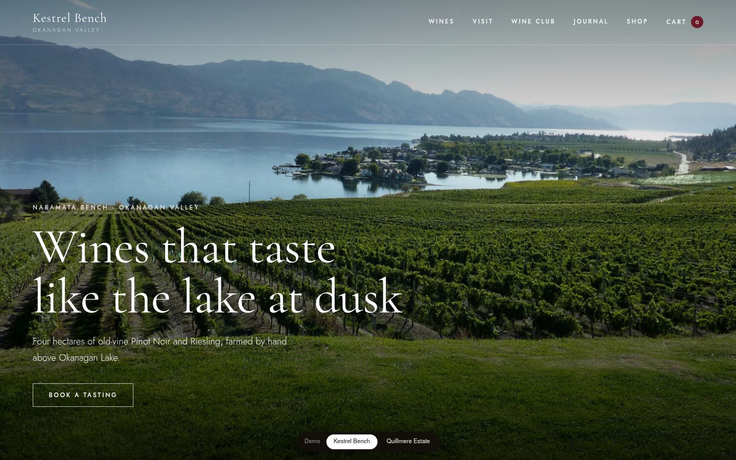 Cellar demo: a winery home page with a large photo of vineyards above Okanagan Lake